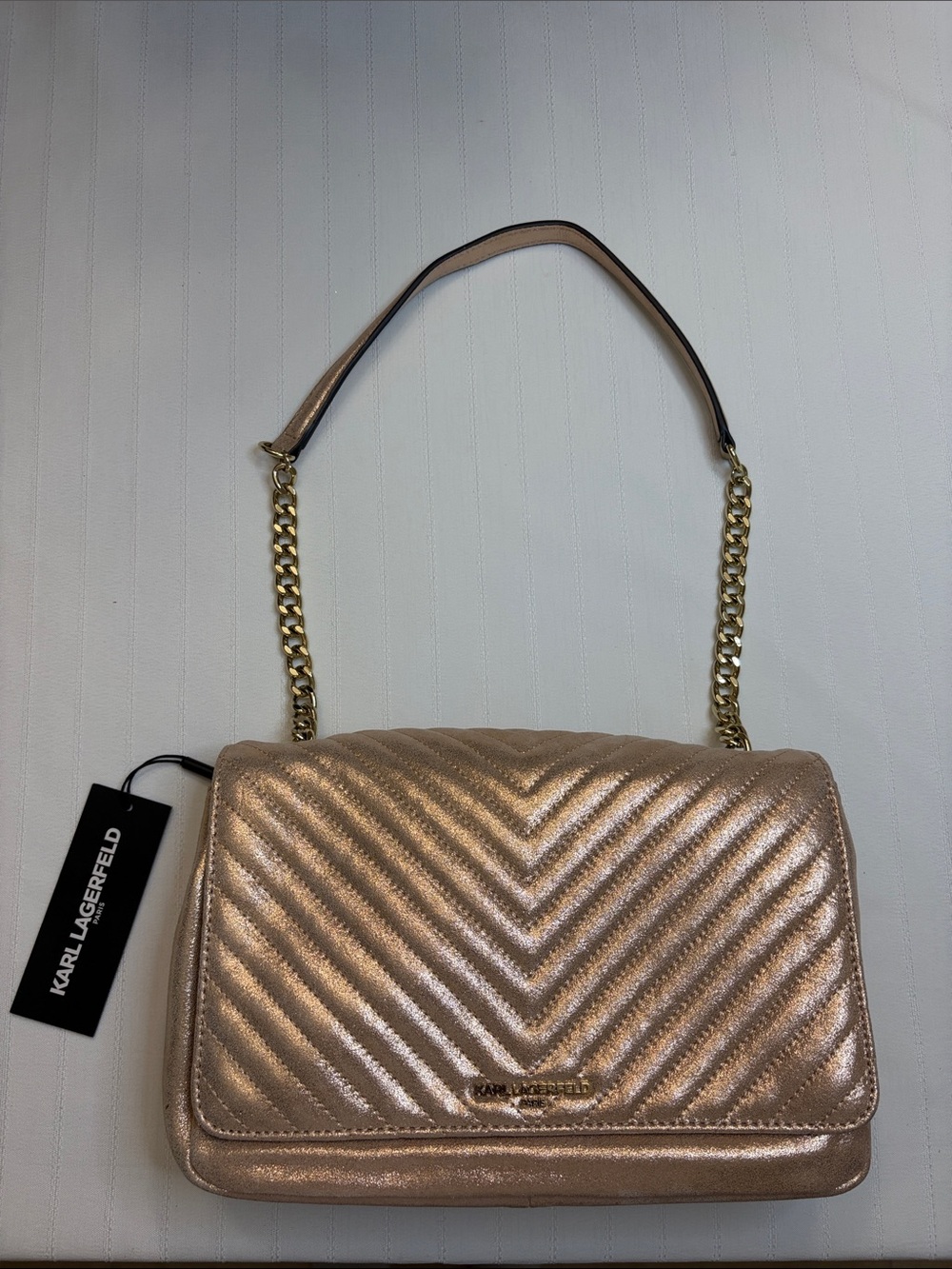 Karl Lagerfeld Metallic Rose Gold Quilted Shoulder Bag with Gold Chain